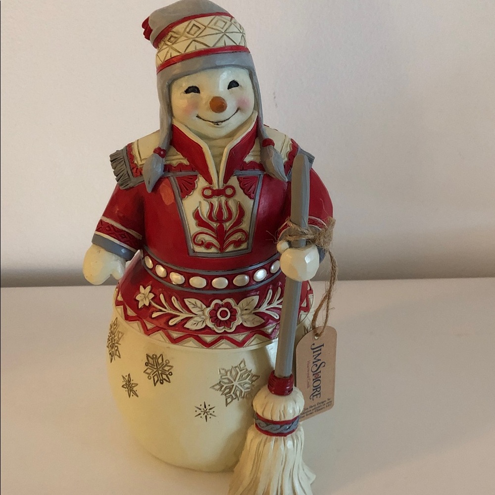 Jim Shore Festive Red and Cream Snowman with Broom